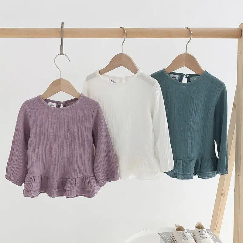 Girls' Ruffle Cotton Linen Long Sleeved T-shirt