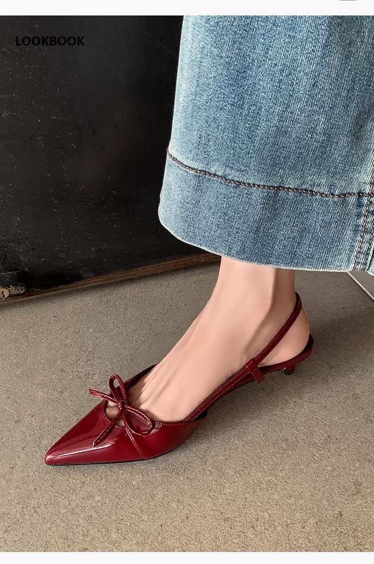 Women's Silver Pointed Toe Bow Slingback Pumps, 2024 Summer New Arrival, Closed Toe Low High Stiletto Heel Sandals