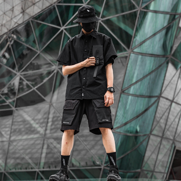 Functional Men's Short Sleeve Dark Solid Color Casual Shirt