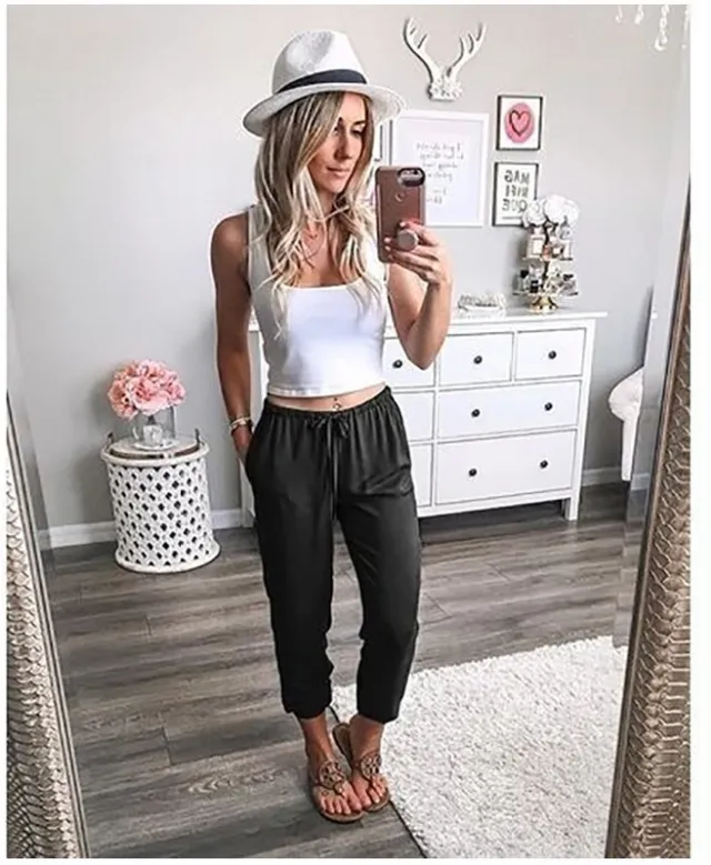 Pure Color Lace up Ankle length Trousers Low rise Casual Pants Black - Shop at LoveMi