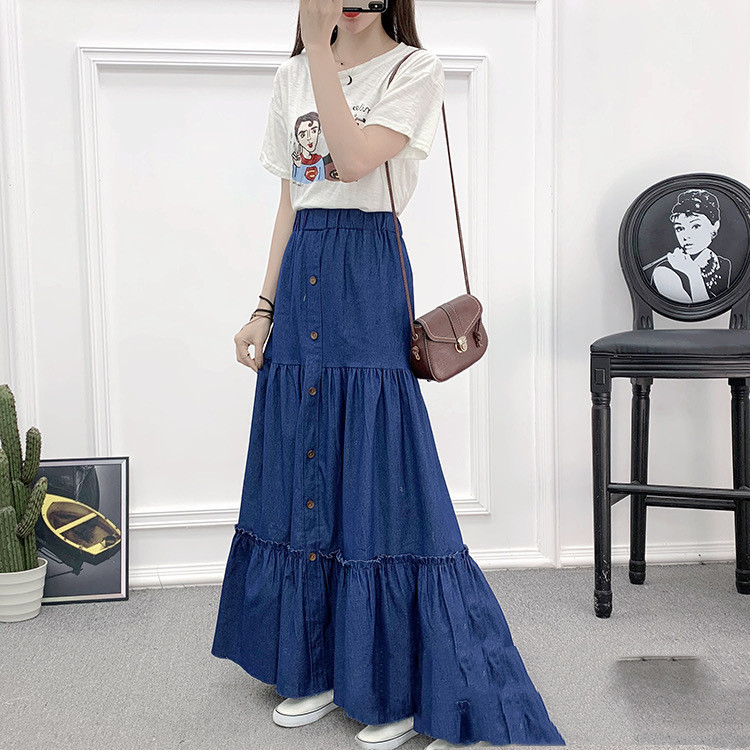 High Waist Slim Long Denim Single-breasted Stitching Large Skirt Women