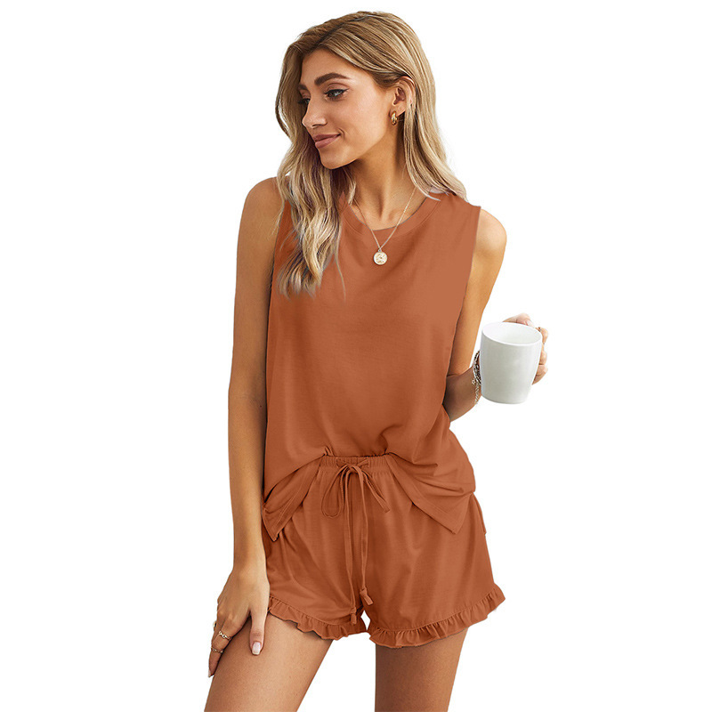 Ladies Round Neck Solid Color Ruffled Drawstring Home Service Two-piece Suit