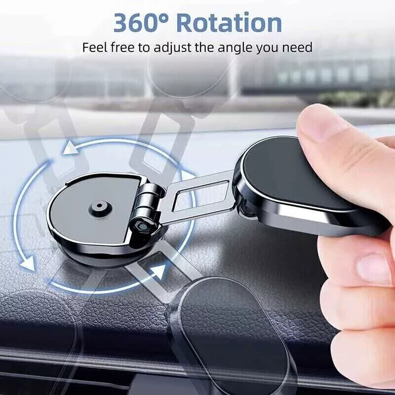 Magnetic Car Phone Holder - Dashboard Mount. With a 360-degree adjustable swivel and foldable bracket, you can rotate your smartphone or device at your own will, providing the best viewing angle. Folding Magnetic Bracket: Paste on the curved surface, stab