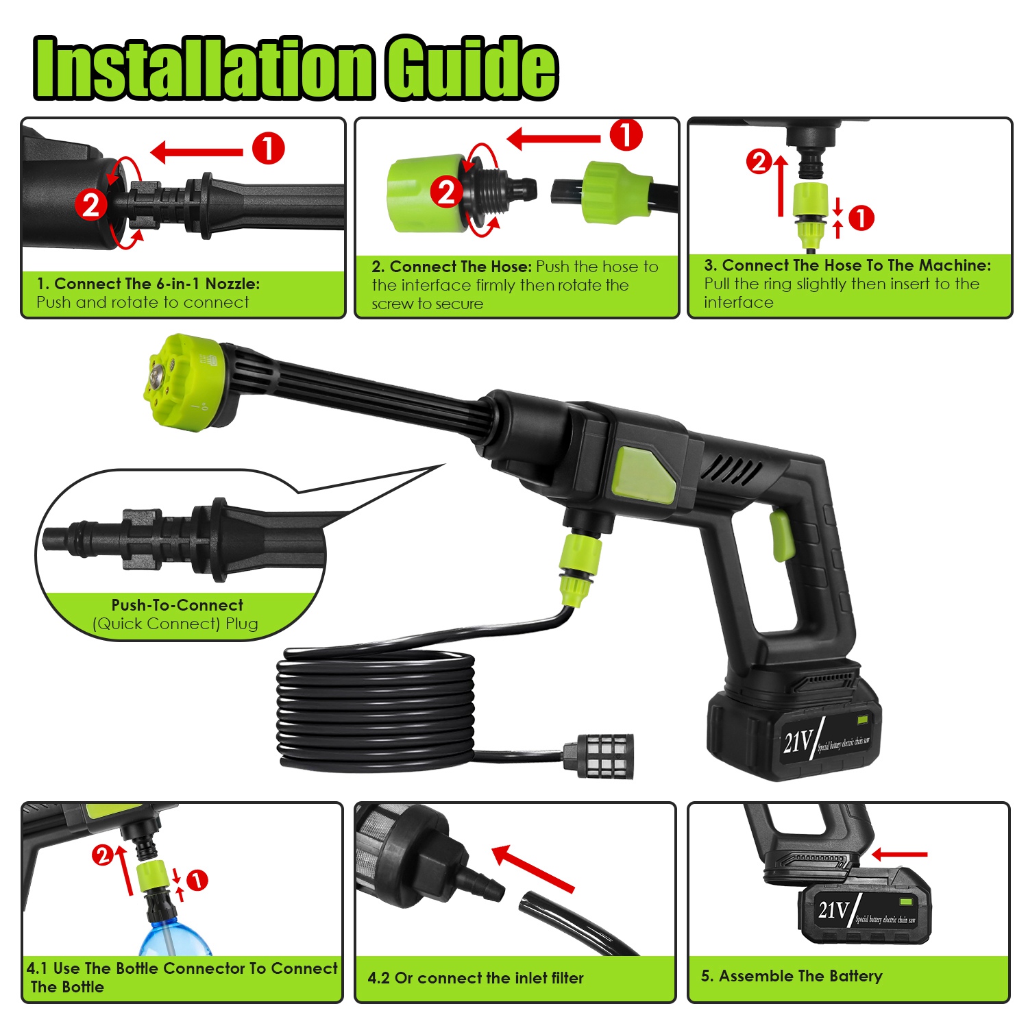 1Set Cordless Pressure Washer For Garden Portable Electric Power Washer High Pressure Water Sprayer 435PSI Car Washer Cleaner With 6 In 1 Nozzle Foam Bottle Filter 15000mAh 21V Battery And Charger — foto 7