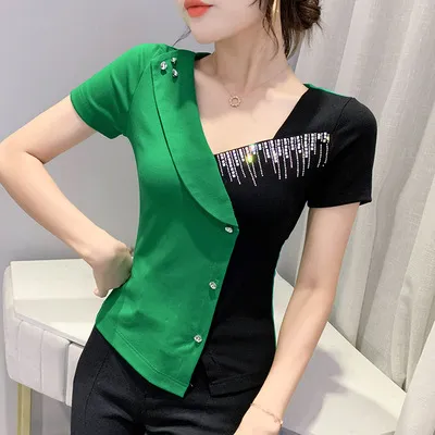 Stamping Diamond Studded Button Top Green - Shop at LoveMi