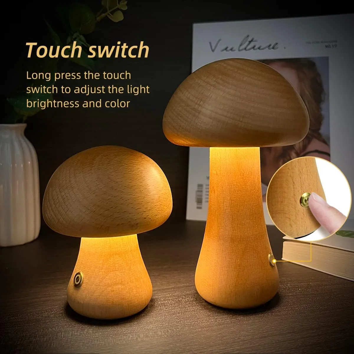 INS Wooden Cute Mushroom LED Night Light With Touch Switch Bedside Table Lamp For Bedroom Childrens Room Sleeping Night Lamps Home Decor – image 2