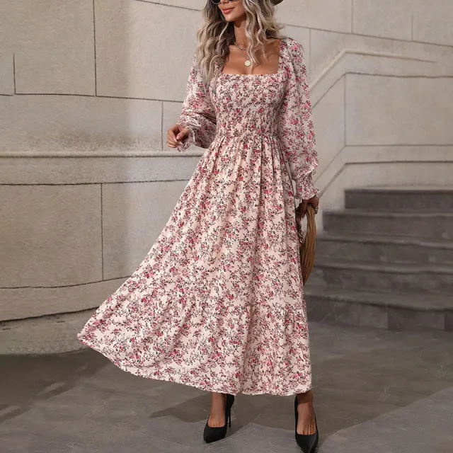 Women's Square Neck Floral Dress Puff Sleeve Backless Maxi Dress With Smocked Waist For Spring And Summer Pink - Shop at LoveMi