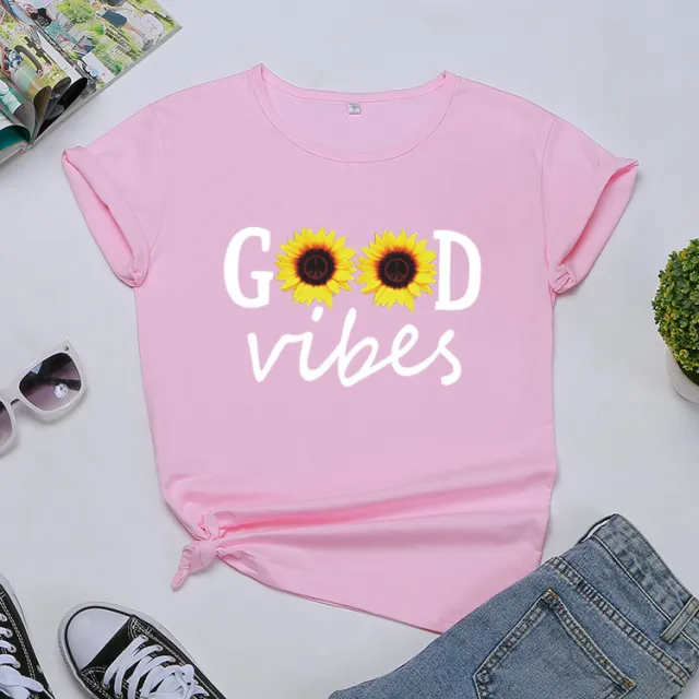 Letter Sunflower Print Ladies Short Sleeve O Neck Loose T Shirt Summer Ladies Pink - Shop at LoveMi