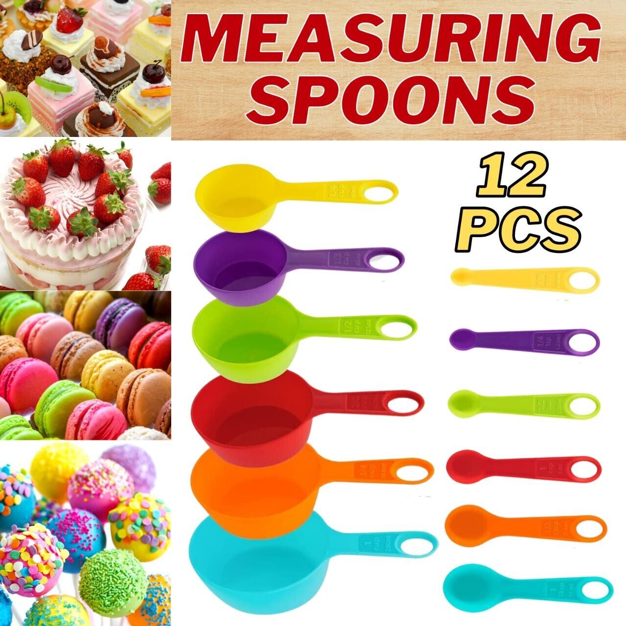 6 Measuring Spoons and 6 Cups Set. we ship only inside the US, USPS First Class Package 2 Day Handling , 2-5 Day Shipping. 12-Piece Plastic Measuring Cups and Spoons Set Great for Baking and Cooking 12 Piece Measuring Cups and Spoons Set, Colored Kitchen 