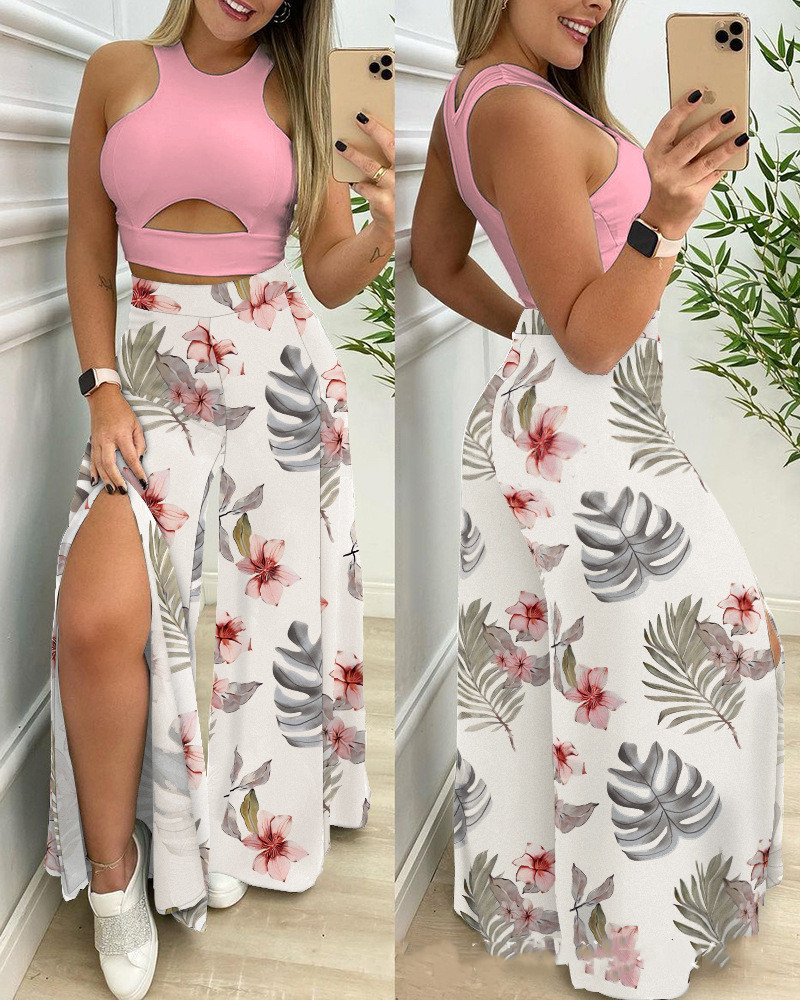 Title 2, Summer Contrast Slit Wide Leg Pants Set