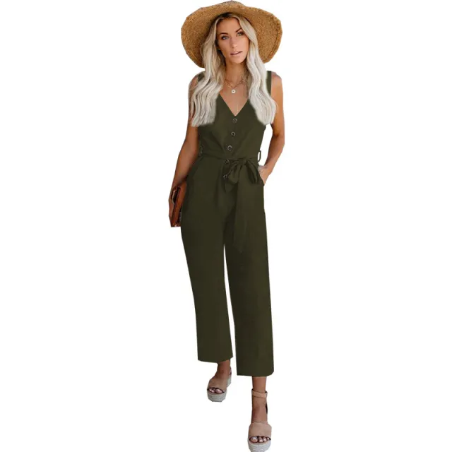 Strap Jumpsuit Solid Color Casual Waistband Army Green - Shop at LoveMi