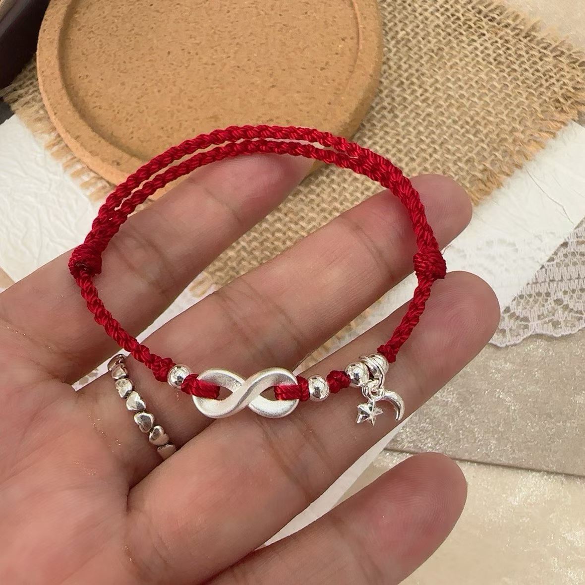 1pcs 999 Sterling Silver Infinity Star Moon Charm Double Red Rope Braided Bracelet, Elegant Chinese Style, For Daily Date Wear & Girlfriend Valentine Lucky Gifts