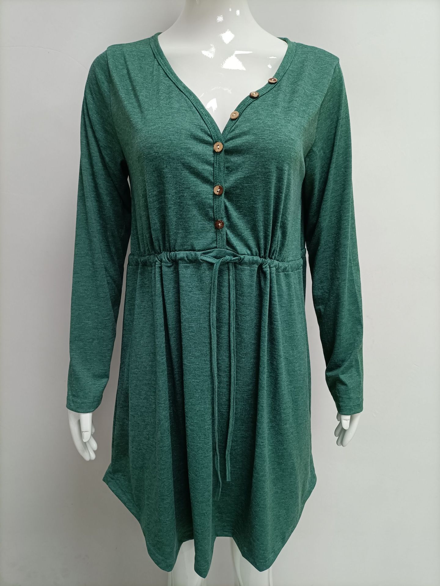 Pure Color V-neck Fashion Long Sleeve Button Belt Dress