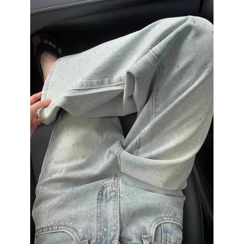 Straight Jeans For Women, Designer Rhinestones, High Waist, Loose And Slim, Drapey, Narrow Version Wide leg Pants Blue - Shop at LoveMi