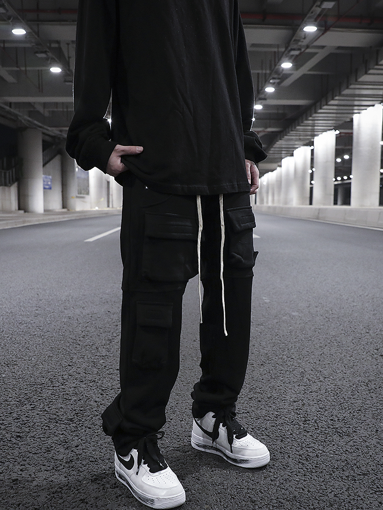 Multi-pocket Straight Split Drawstring Sweatpants