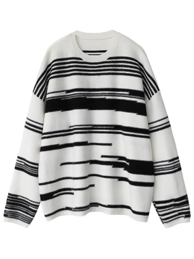 Street Casual Loose Irregular Stripe Sweater Women White - Shop at LoveMi