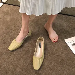 Women's Square Toe Pleated Loafers Slip-on Shoes - Yellow - View 1