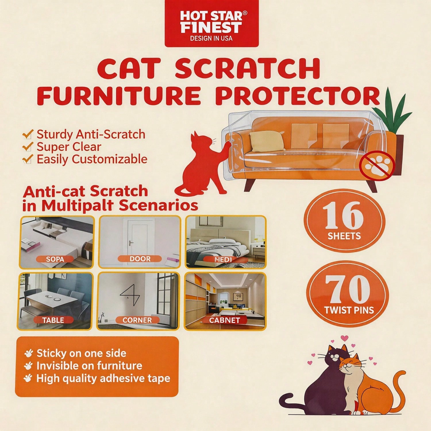 Cat Scratch Furniture Protector Set 16 Clear Sheets 70 Twist Pins, Invisible Anti Scratch Guards For Sofa, Door, Bed, Table, Cabinet view 6