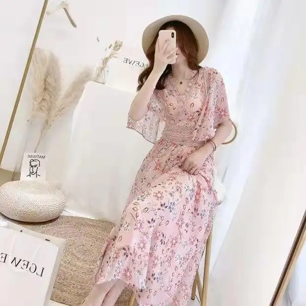 Women's V-neck Chiffon Midi Dress