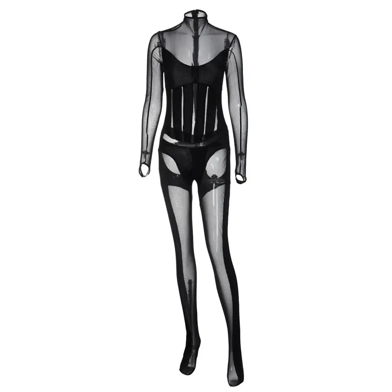 Women's Fashion Mesh See-through Stitching Tight Jumpsuit