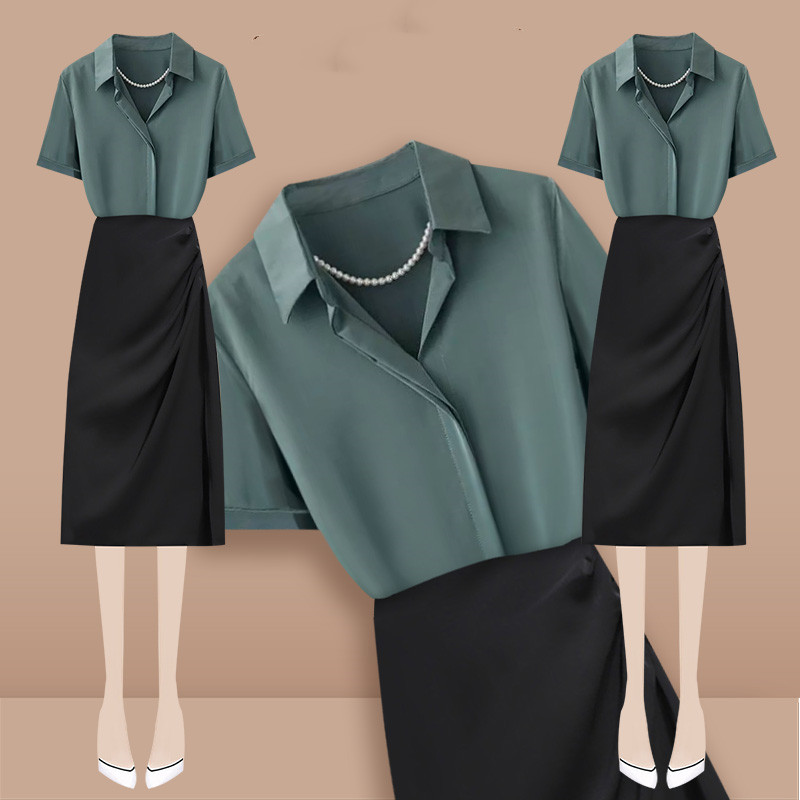 Elegant Satin Short-sleeved Shirt Women's High Waist Suit