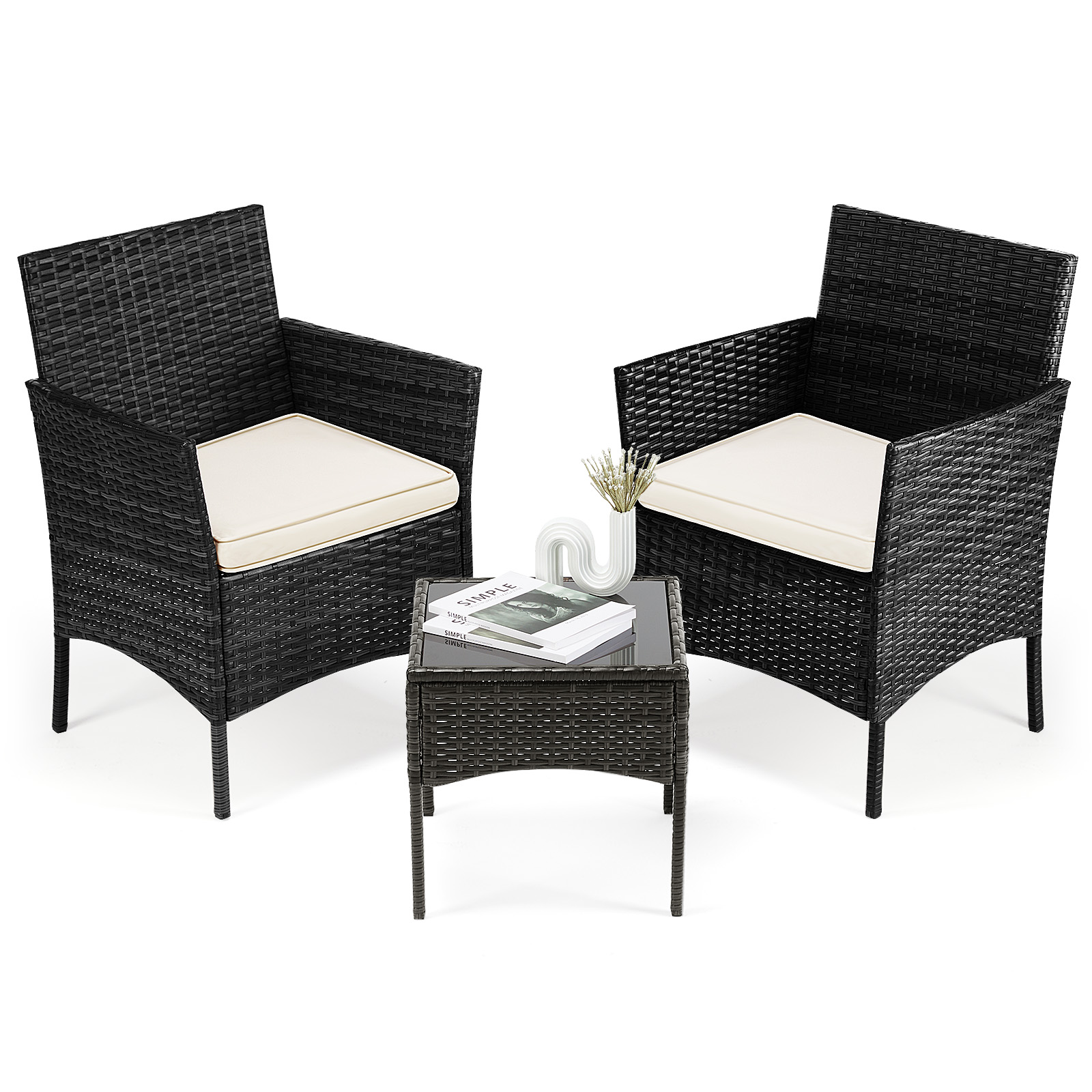 Three-piece Garden Furniture Set, Woven Outdoor Polyethylene Rattan Furniture, Equipped With A Coffee Table And Washable Cushions