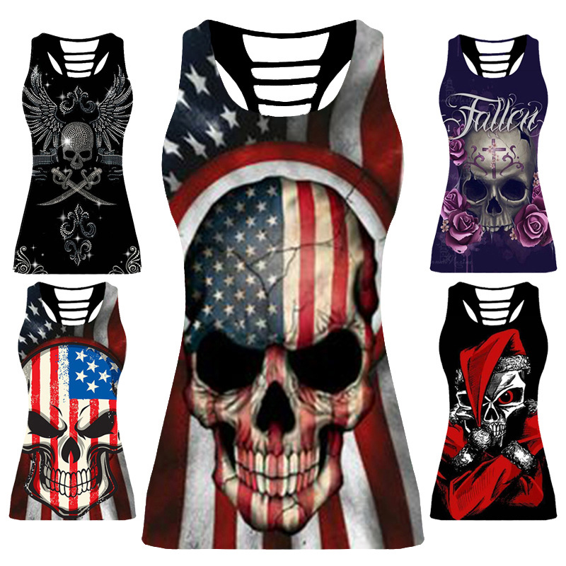 Printed Sleeveless Hollow Sexy Racer Vest, Skull Head Casual Top Women