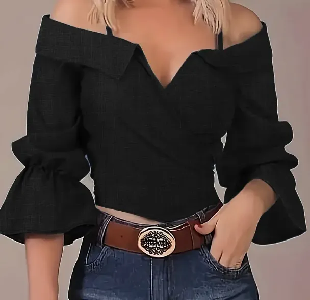 Solid Spaghetti Strap Blouse, Casual Bell Sleeve Surplice Neck Blouse, Women's Clothing Black - Shop at LoveMi