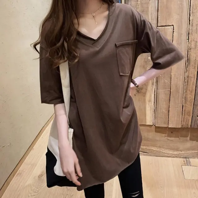 Summer V neck Short Sleeve T shirt Women's Loose Large Medium Length Shirt Coffee - Shop at LoveMi