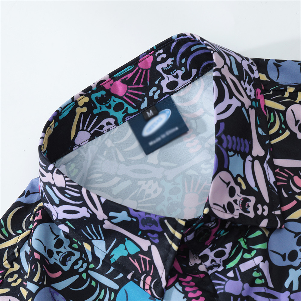 Men's Loose Casual Full Print Skull And Bones Flower Shirt