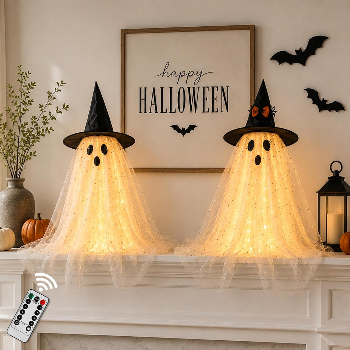 2pcs Halloween Decorations Indoor,Ghost Decor With String Lights Remote Control,Halloween Party Decorations,Spooky Ghost Light For Home Table Room