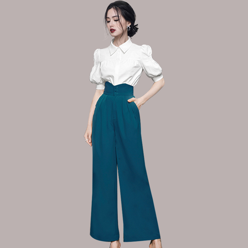 Puff Sleeve Shirt High Waist Wide Leg Pants Suit
