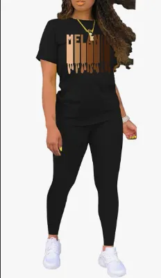 Women's Alphabet Printed Round Neck T-Shirt And Leggings Set - Black - View 1