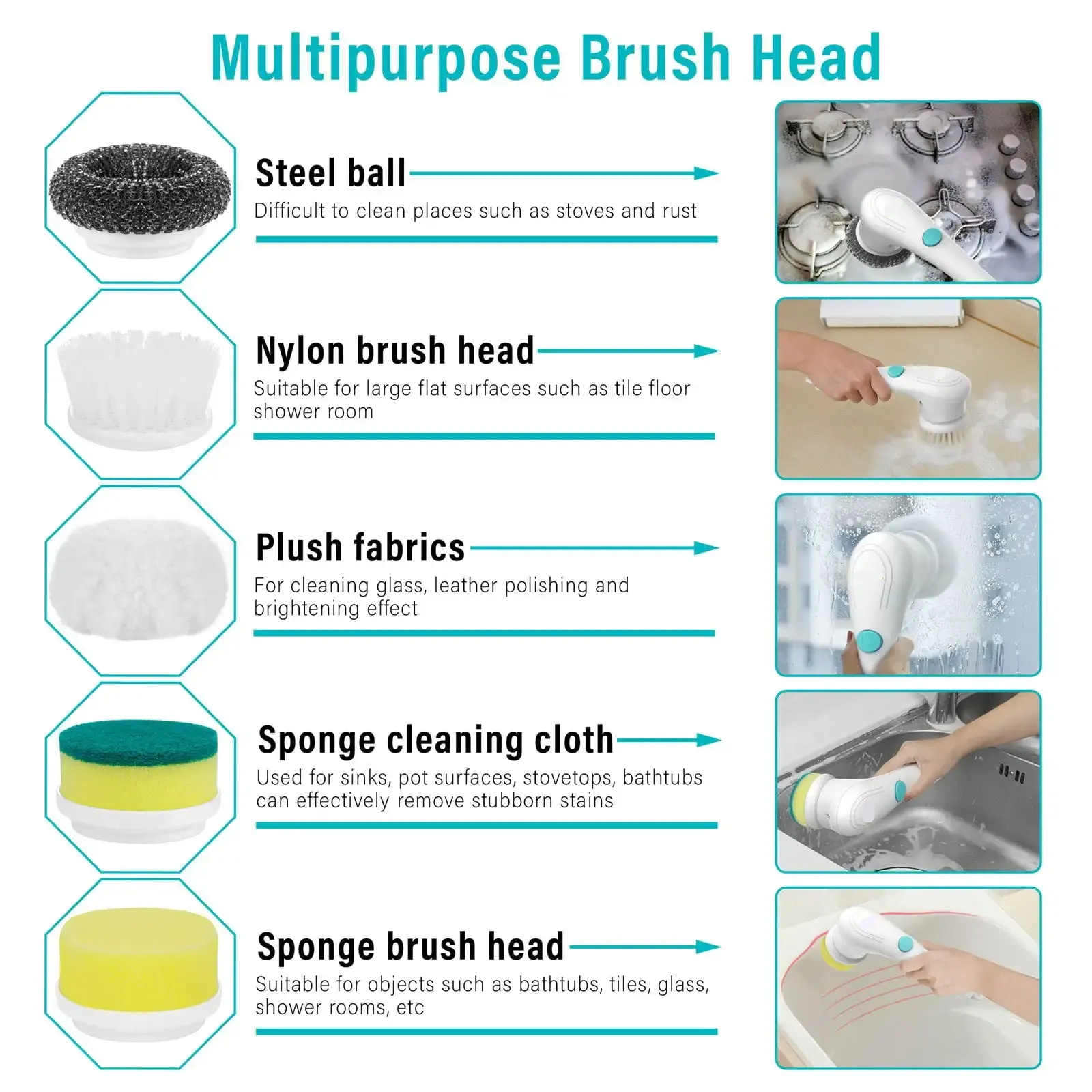 Multifunctional Electric Handheld Kitchen Household Dishwashing Brush Handheld Scrubber Bathtub Sink Bathroom Kitchen Tile Cleaning Tool Drill Brush Set With 5 Heads – image 4