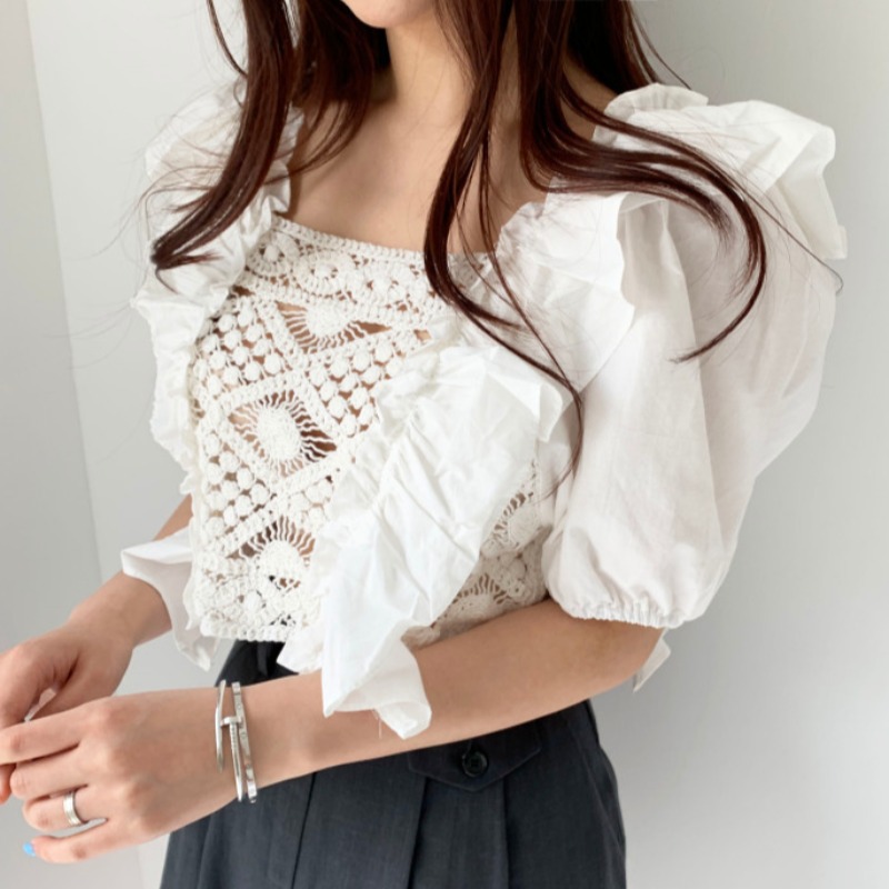 Square Collar Lace Crochet Hollow Puff Sleeve Shirt Women Short Sleeve Top Clothes