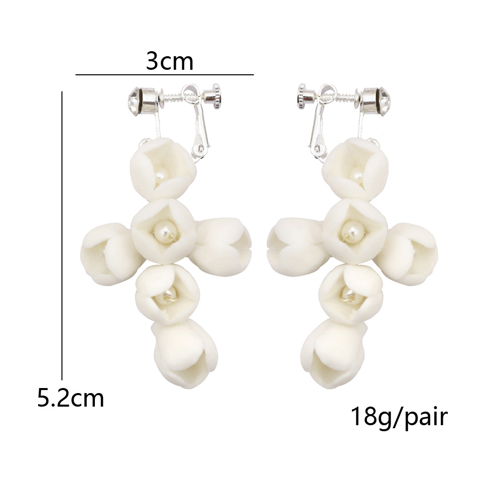 Title 4, White Ceramic Flower Ear Clip With Pearl Handmade