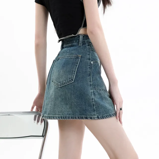 Denim A line Short Skirt High Waist Slim Fit Fashion All match Trend Hip Skirt Blue - Shop at LoveMi