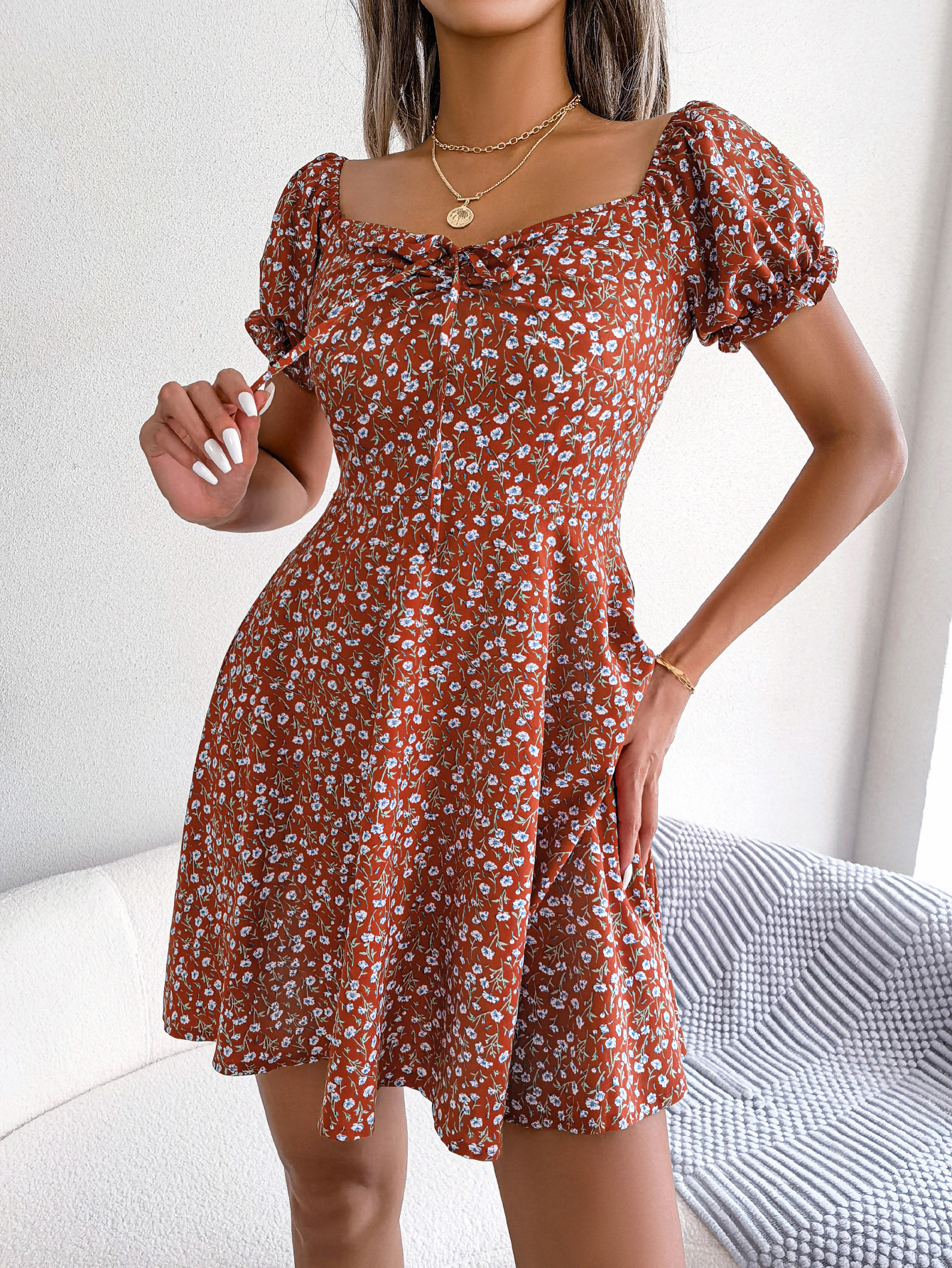 Women   Casual Bell Sleeve Drawstring Tie Flowy Floral Print Dress