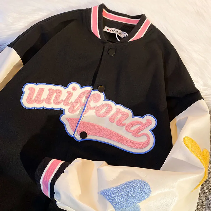 Loose Long Sleeve Top Embroidered Couple Baseball Jacket - Black