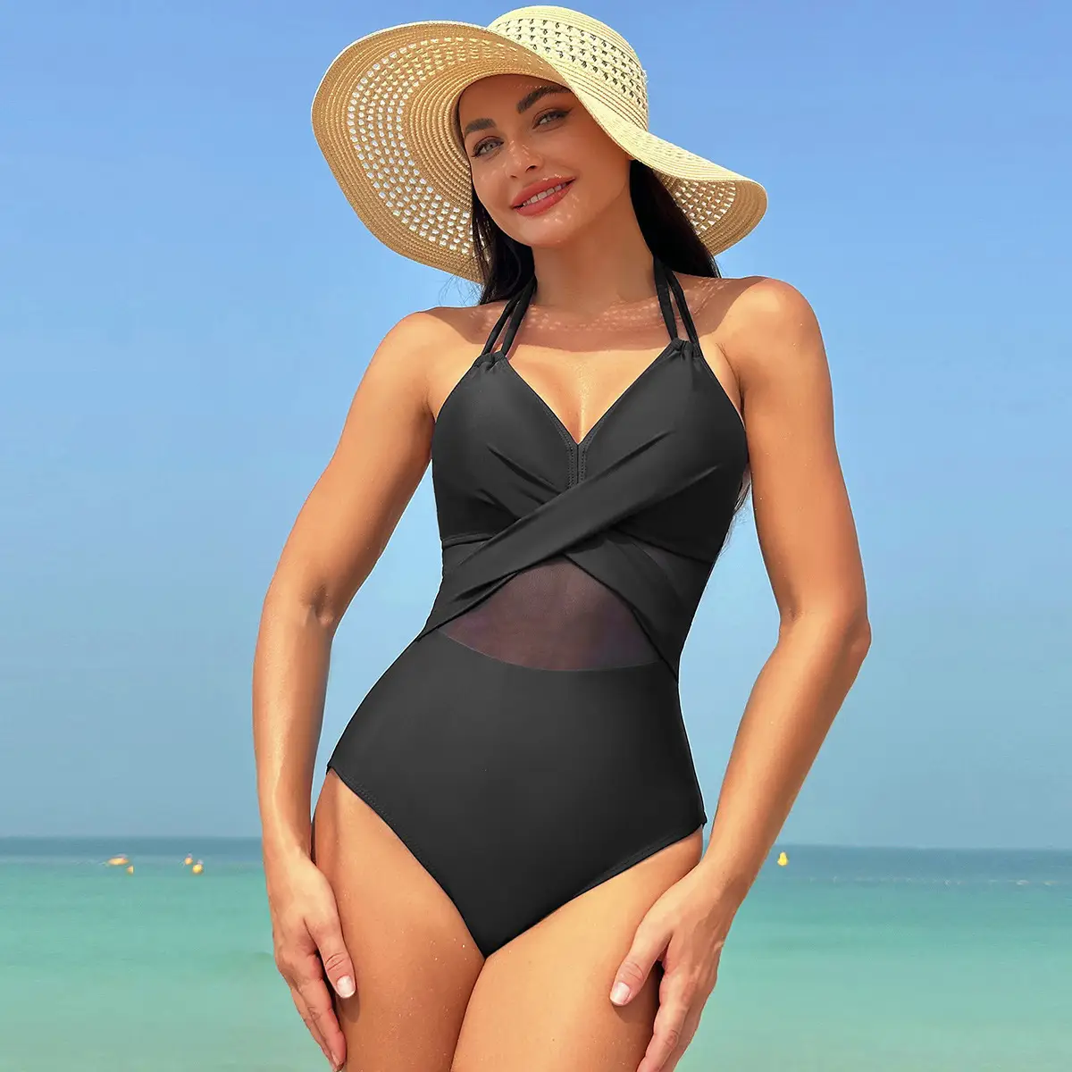 Halter-neck One-piece Swimsuit Summer Solid Color Cross-strap Design Mesh Bikini