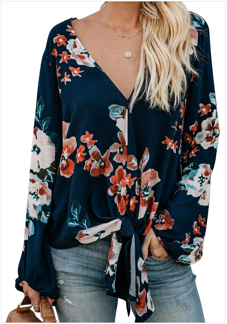 Title 2, V-Neck Long Sleeve Knot Print Vintage Top