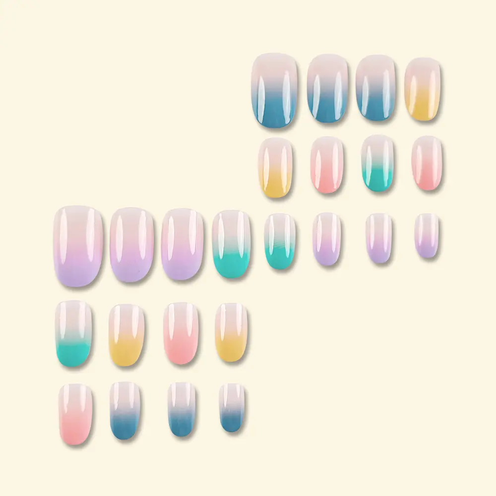 24-piece Short Oval Rainbow Gradient Design Nail Polish Set.Long Press On The Nail.Includes 1 Tube Of Jelly Glue And 1 Nail File.Suitable For Women And Girls.