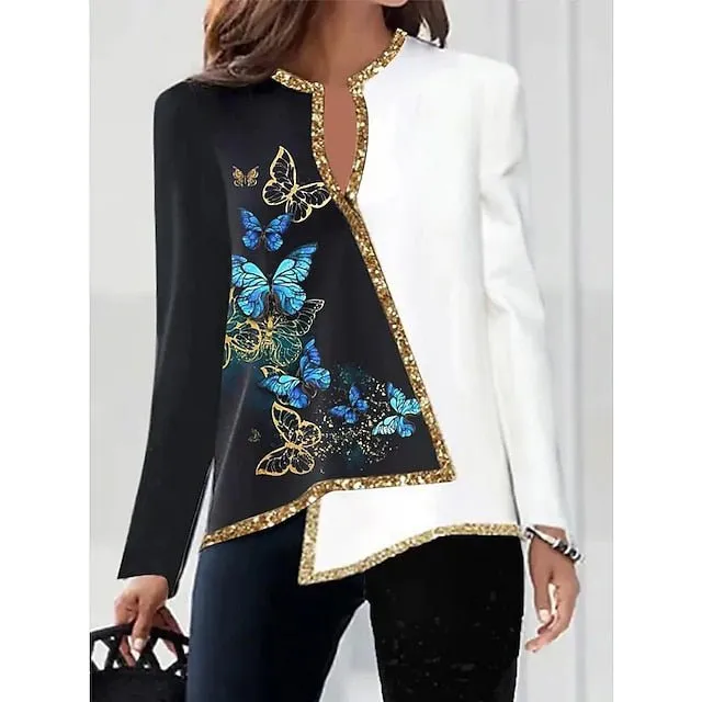 Digital Printed Flower V neck Hem Asymmetric Women's Long Sleeves Q301 Color 4Xl - Shop at LoveMi
