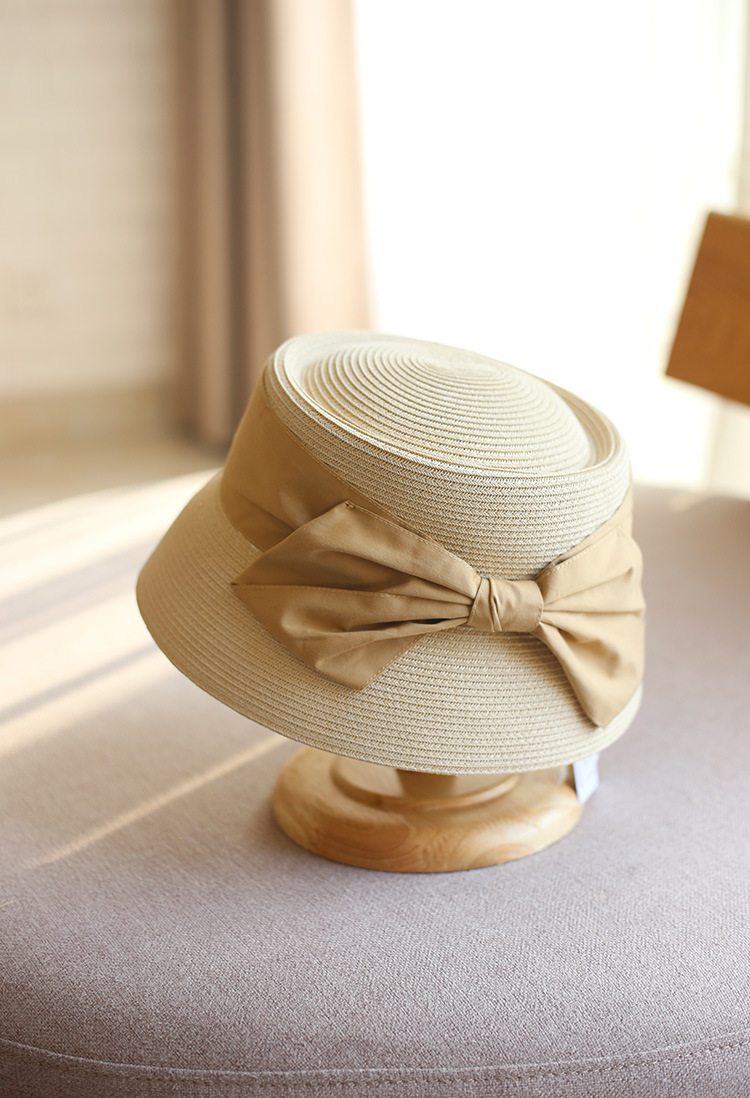 Concave Top Straw Woven Bucket Hat Cotton Bow