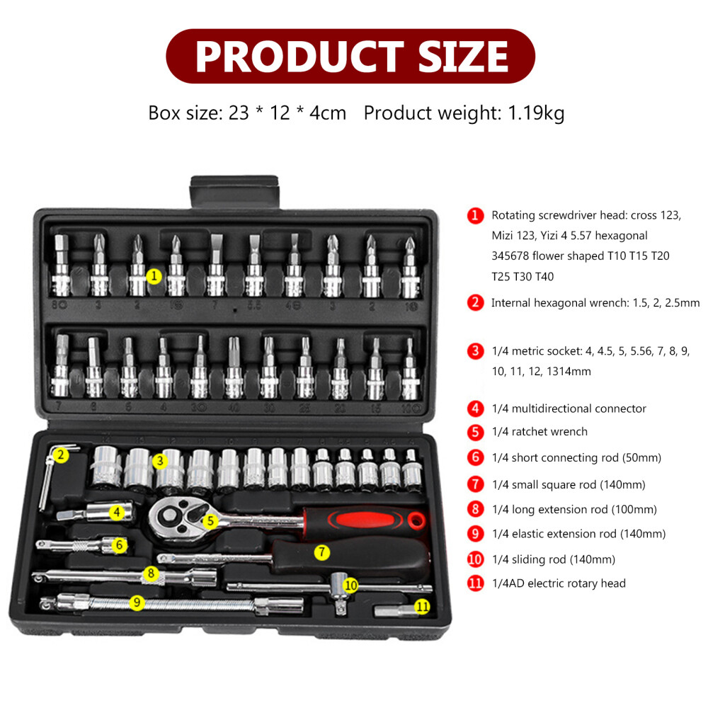 46Pcs Metric Socket 1 4  HSS Drive Ratchet Bit Set Wrench Torx Hex Tool Kit Case — foto 10