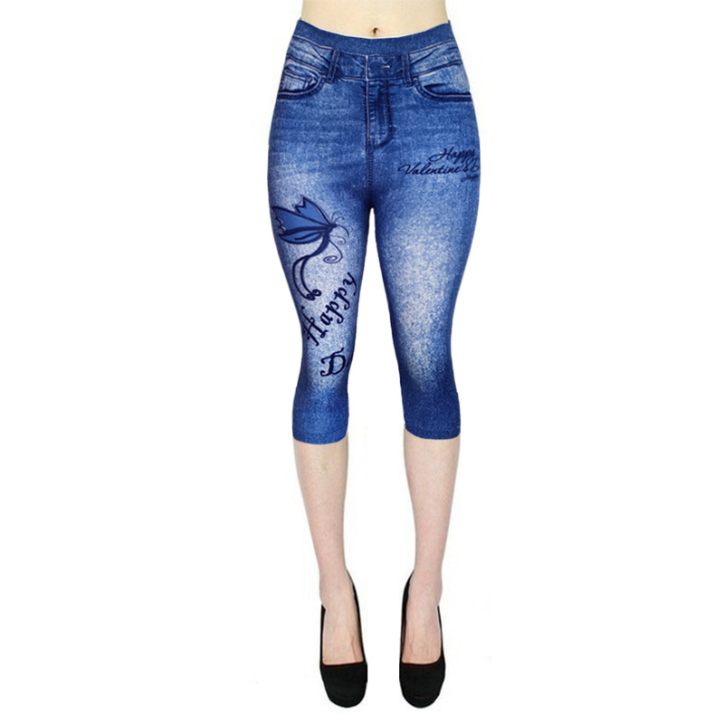 Title 5, Printed Imitation Denim Cropped Trousers, High ...