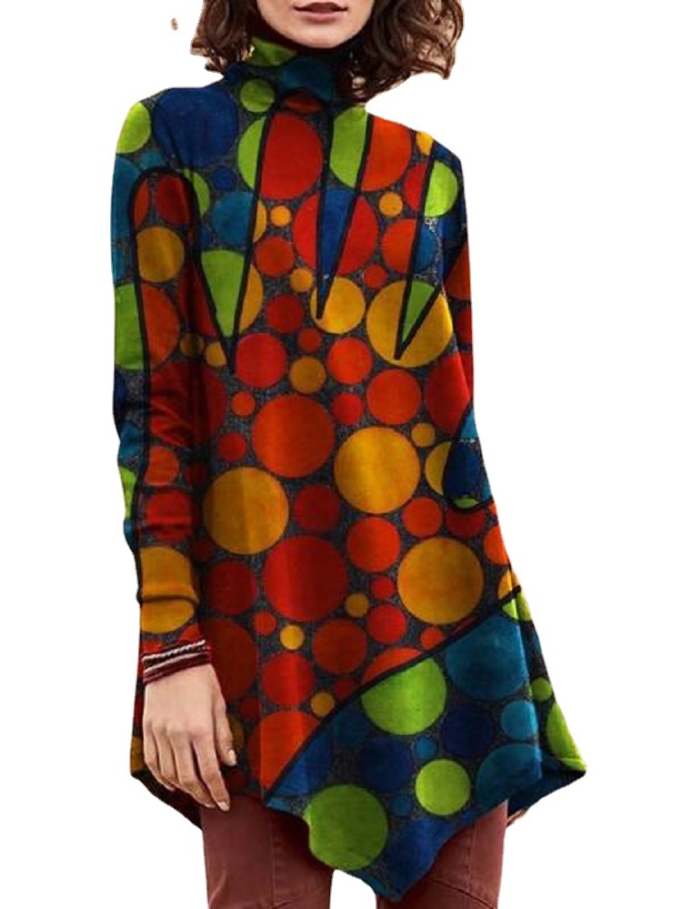 Fashion Loose Round Neck Digital Printing Long-sleeved Top