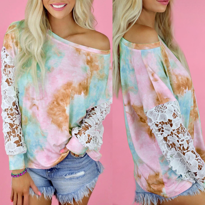 Tie-Dye Printed Long-Sleeved Lace Stitching T-Shirt Blouse