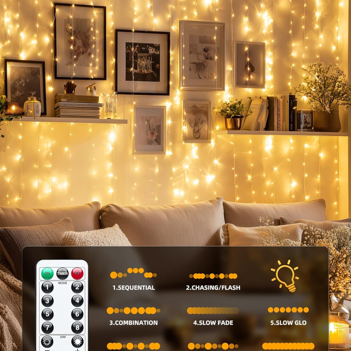 300 LED Fairy Curtain Lights  Warm White Curtain String Lights USB Plug In 8 Lighting Modes Christmas Decoration, Hanging Lights — foto 2