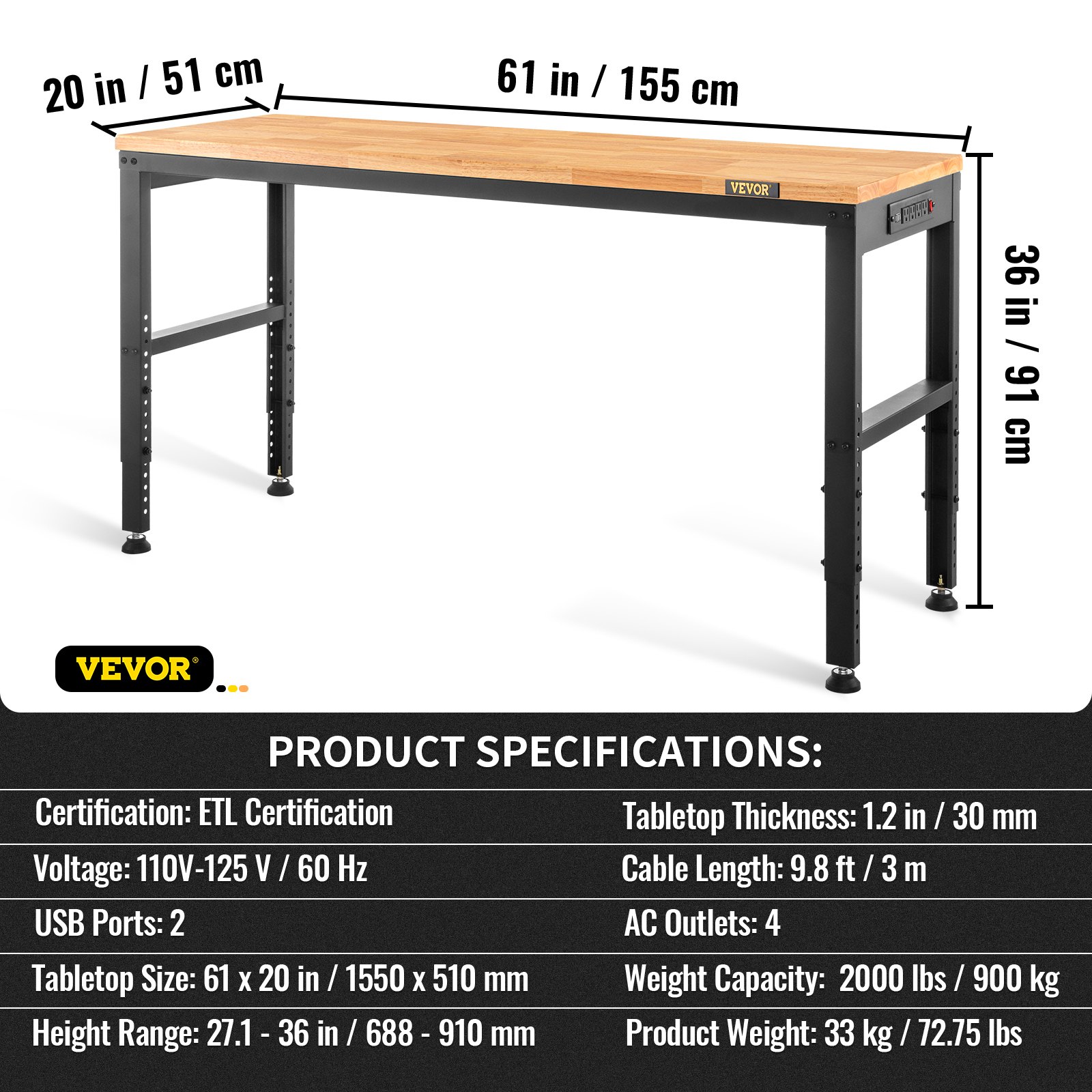 Workbench Adjustable Height, 2000 LBS Load Capacity, With Power Outlets & Hardwood Top & Metal Frame &… image 4
